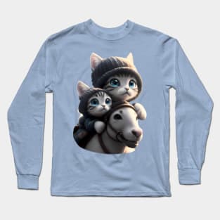 Cat & Kitten's fast ride on the horse - A feline adventure Long Sleeve T-Shirt